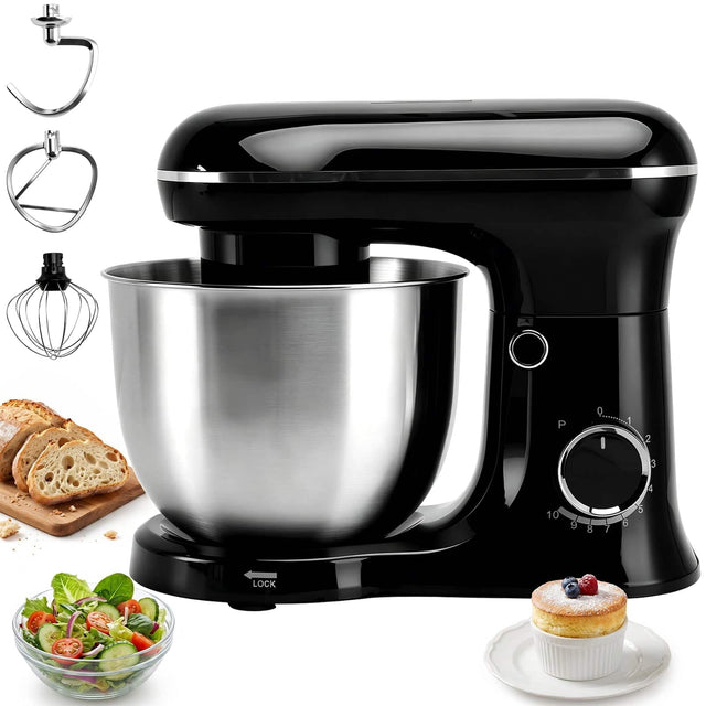 Front. Topteng - 5.5Qt Stand Mixer with 10 Speeds - Pure Copper Motor, Tilt-Head, Includes Dough Hook, Beater & Whisk - Black.
