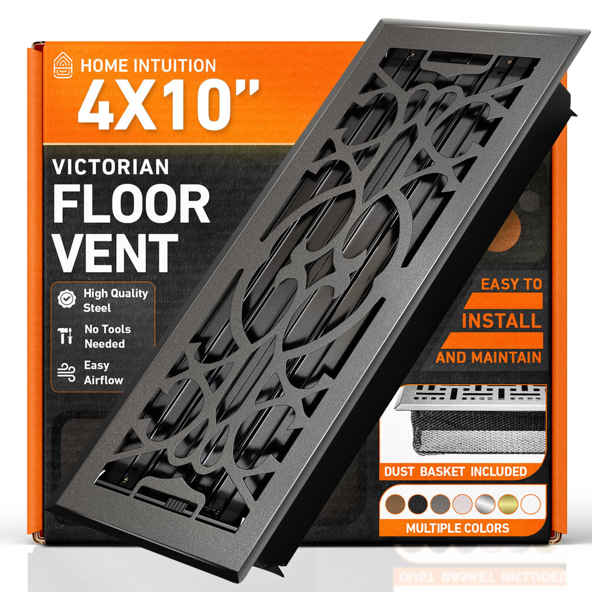 Home Intuition - 4X10 Floor Vent Covers with Mesh Cover Trap, Heat and Air, Floor Vent for HVAC Duct, Victorian, Dark Grey - Dark Gray