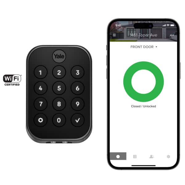 9:41  
1461 Topar Ave  
FRONT DOOR  
Yale Wi-Fi CERTIFIED  
1 2 3  
4 5 6  
7 8 9  
0  
Closed / Unlocked