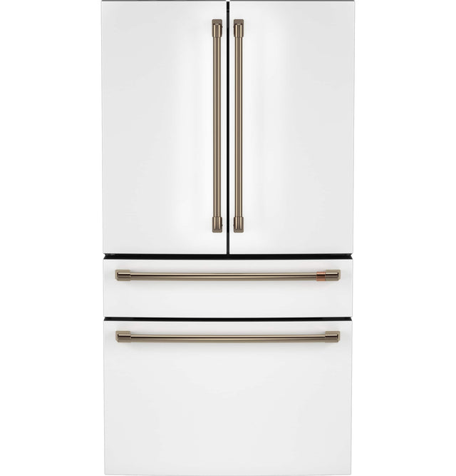 Front. Café - 36 in. Wide 23.2 Cu. Ft. 4-Door French Door Counter-Depth Smart Refrigerator with Dual Dispense AutoFill Pitcher - Matte White.