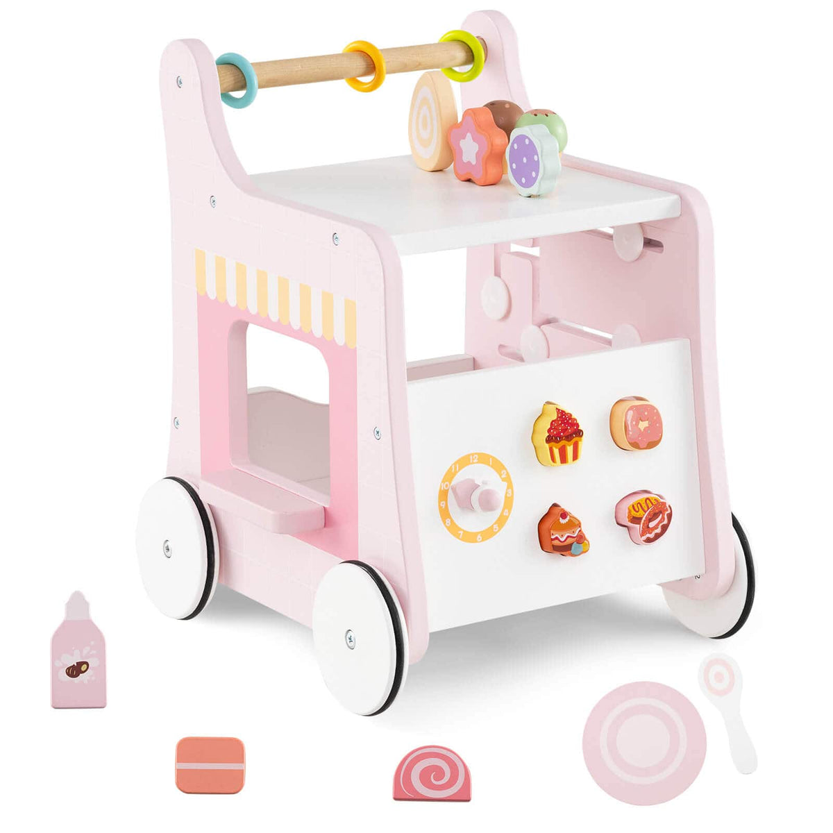 Costway - Wooden Baby Walker Ice Cream Cart Toy with Sweet Accessories & Smooth Wheels - Pink