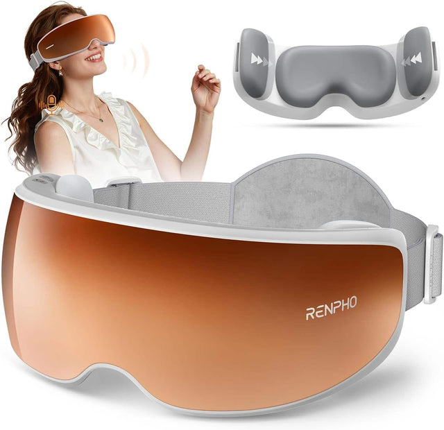 Front. Renpho - Eye Massager for Migraines, Vibration & 3 Level Heating & 3 Level Air Pressure and 3 Level Pressure Mode, Voice Control - Orange.