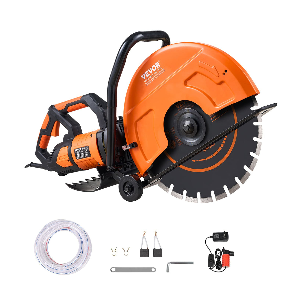 VEVOR - Electric Concrete Saw, 16 in, 3200 W Motor Circular Saw Cutter with Max. 6 in Adjustable Cutting Depth, Wet Disk Saw - Orange;Black