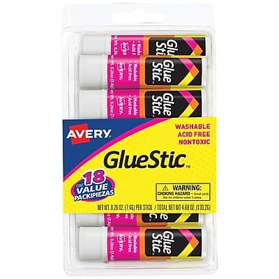 AVERY GlueStic  
WASHABLE  
ACID FREE  
NONTOXIC  

18 VALUE PACK  
18 STICKS  
NET WT 0.26 OZ (7.4g) PER STICK  
TOTAL NET WT 4.68 OZ (133.2g)  

WARNING: CHOKING HAZARD - Small parts. Not for children under 3 years.