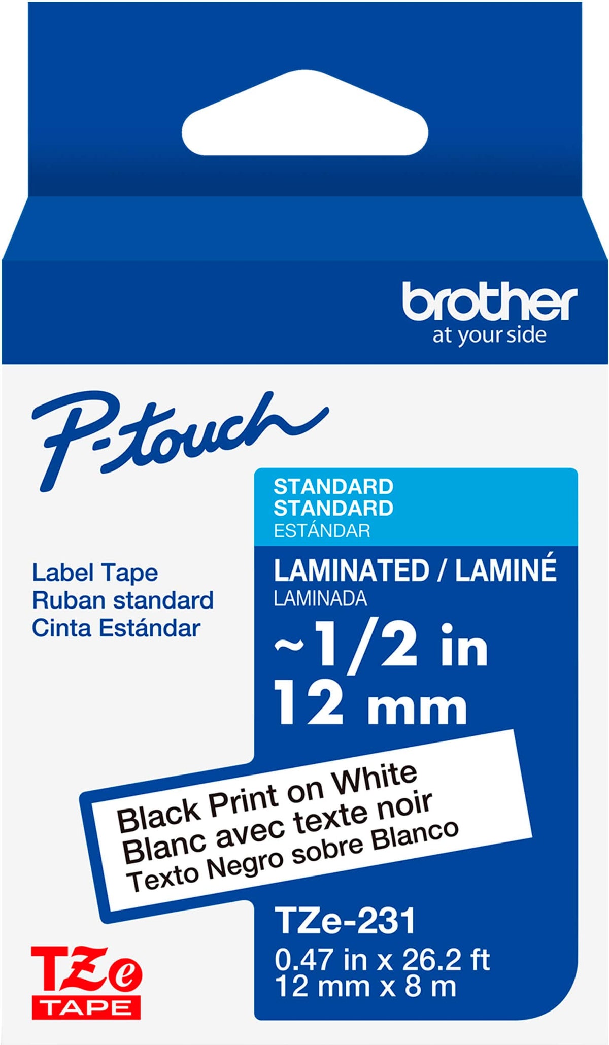 Brother - P-touch TZe-231, Black Print on White Laminated Label Tape, ~1/2in x 26.2ft (12mm x 8m), for Select P-touch Label Makers - Black on White
