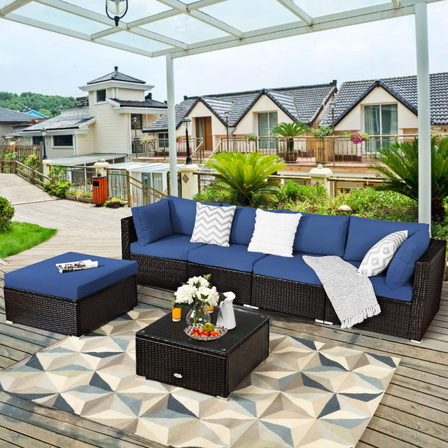 Front. Costway - Costway 6PCS Outdoor Patio Rattan Furniture Set Cushioned Sectional Sofa - Mix Brown/Navy.