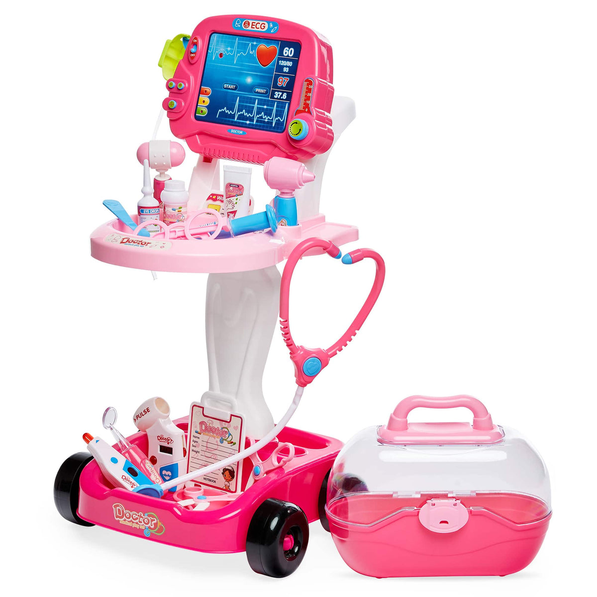 Best Choice Products - Play Doctor Kit for Kids, Pretend Medical Station Set with Carrying Case, Mobile Cart - Pink