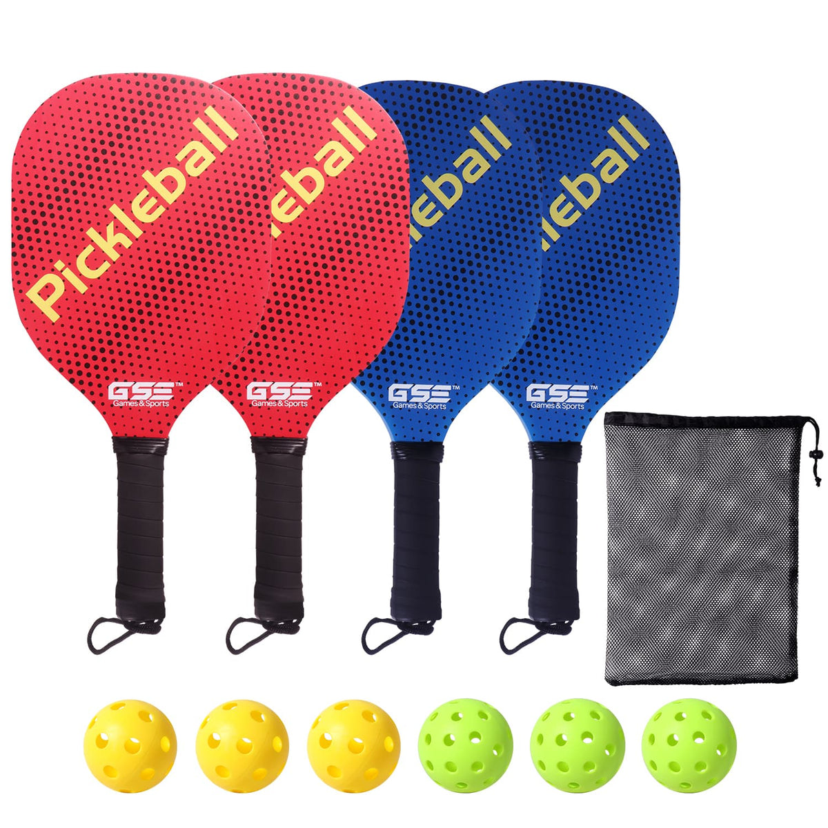 GSE Games & Sports Expert - Pickleball Paddles Set with 4 Pickleball Rackets & 6 Indoor/Outdoor Pickle-Balls & Mesh Carrying Bag - GREEN&YELLOW