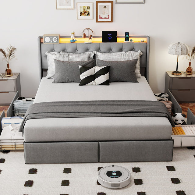 Front. Anysun - King Size Upholstered Bed Frame with RGB LED Lights & Charging Station, Storage Headboard and Underbed Drawers - Grey.