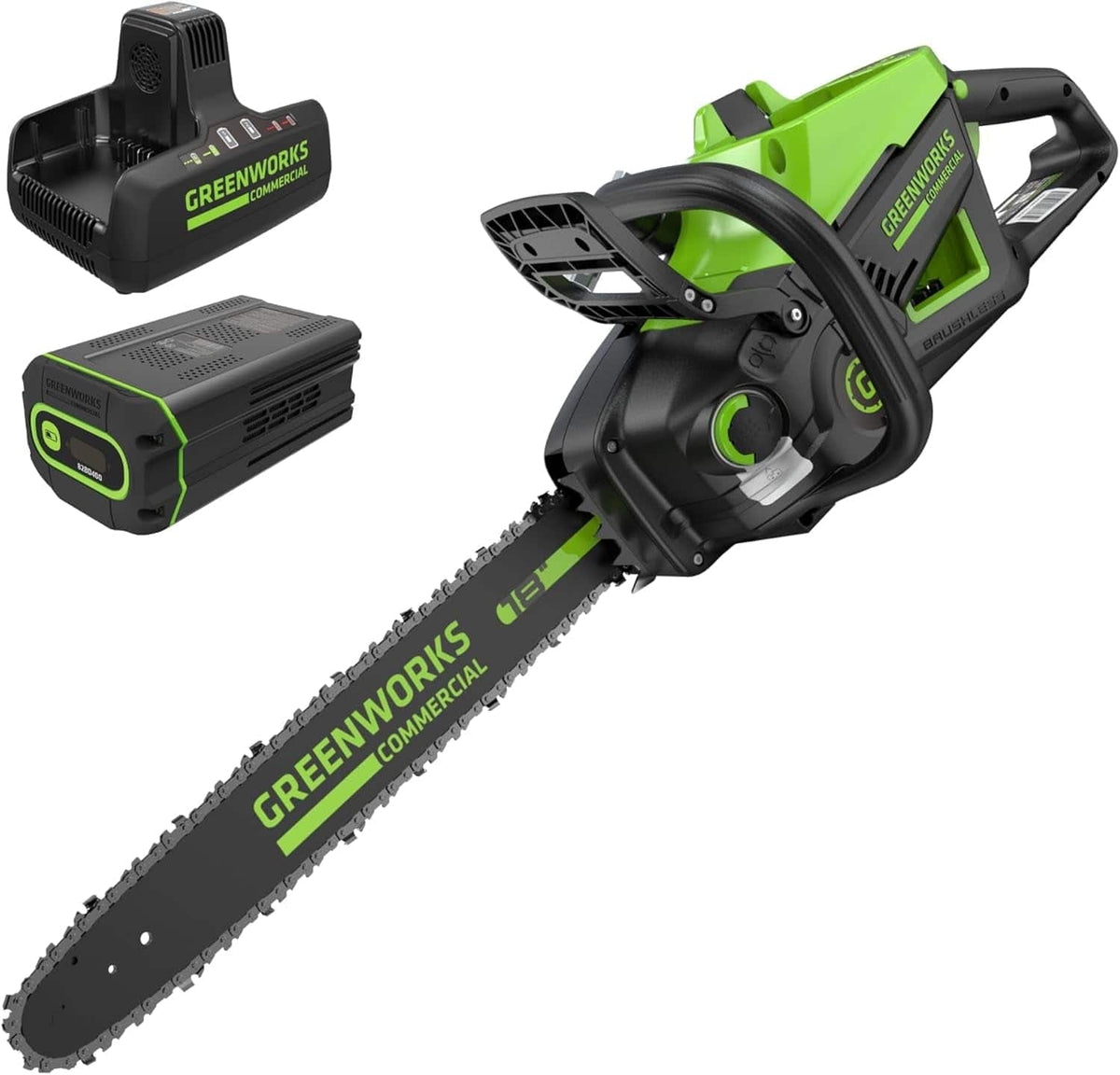 Greenworks - 82V 18" (2.7kW Brushless) Prosumer Cordless Chainsaw, 4.0Ah Battery and 8A Dual Port Rapid Charger - Green