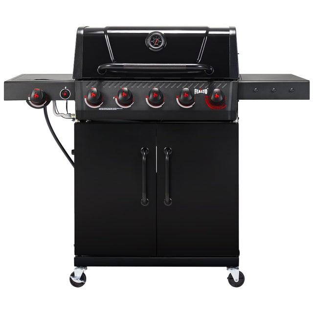 Front. FEASTO - 5-Burner Propane Gas Grill with Sear & Side Burner, 686 Sq. In. Outdoor Cooking Area - Black.