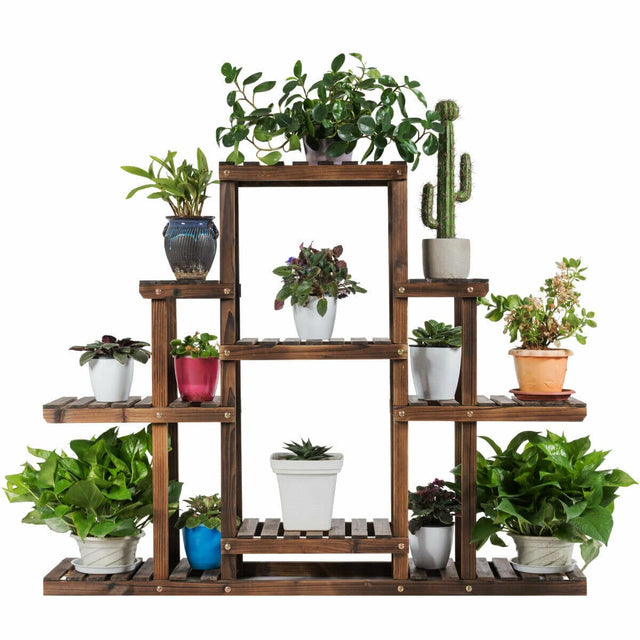 Front. Gymax - Gymax 6-Tier Flower Wood Stand Plant Display Rack Multifunctional Storage Shelf - Carbon Baking.