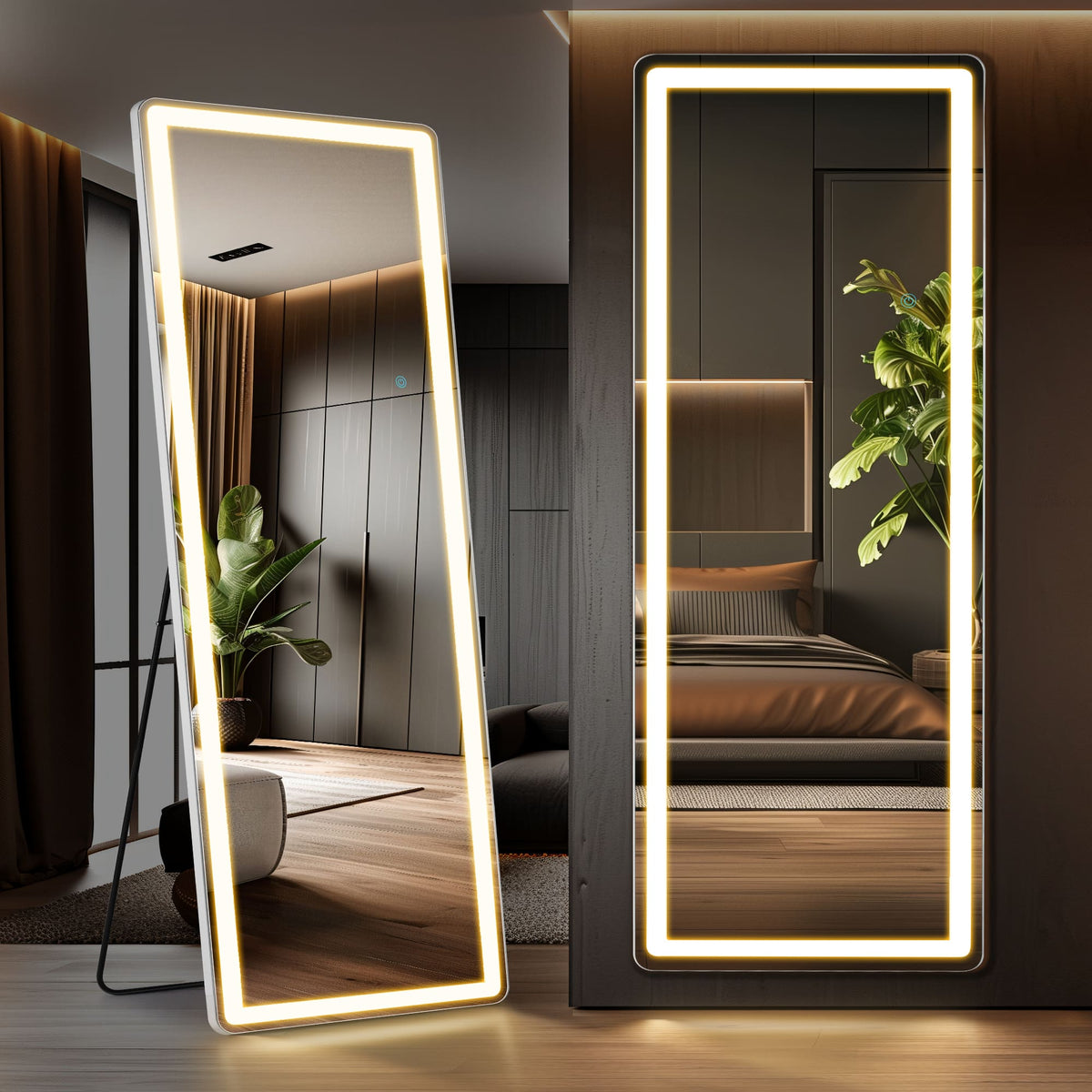 Anysun - 26" x 71" LED Floor Standing Mirror - 3-Color Lighting, Right-Angle Design, Wall Mountable Option