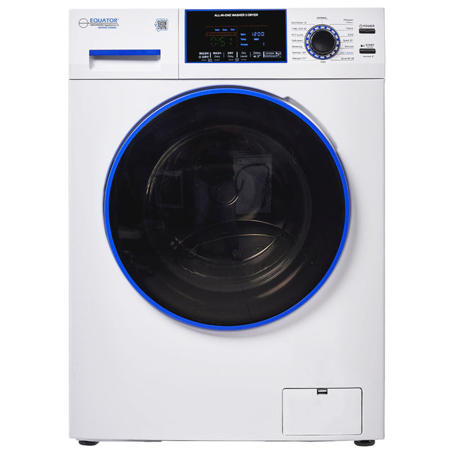 EQUATOR  
Powered by Panasonic  
Washing Machine  

ALL-IN-ONE WASHING MACHINE  

0:55  

WASH | WASH+DRY | DRY | Only  

1:200  

REFRESH  
NORMAL  
ECONO  
QUICK 20  
QUICK 30  
QUICK 40  

POWER  
START  
SUNDRY  
SUNDRY 1  
SUNDRY 2  

WASH  
DRY  
SUNDRY  
SUNDRY 1  
SUNDRY 2  

Washing  
Drying  
Sanitize 60°C  
Sanitize 90°C  
Color Care  
Quick 30  
Quick 40  

Wash 15'  
Wash 30'  
Wash 45'  
Wash 60'  
Wash 90'  
Wash 120'  
Wash 150'  
Wash 180'  
Wash 210'  
Wash 240'  

Drying 30'  
Drying 45' 