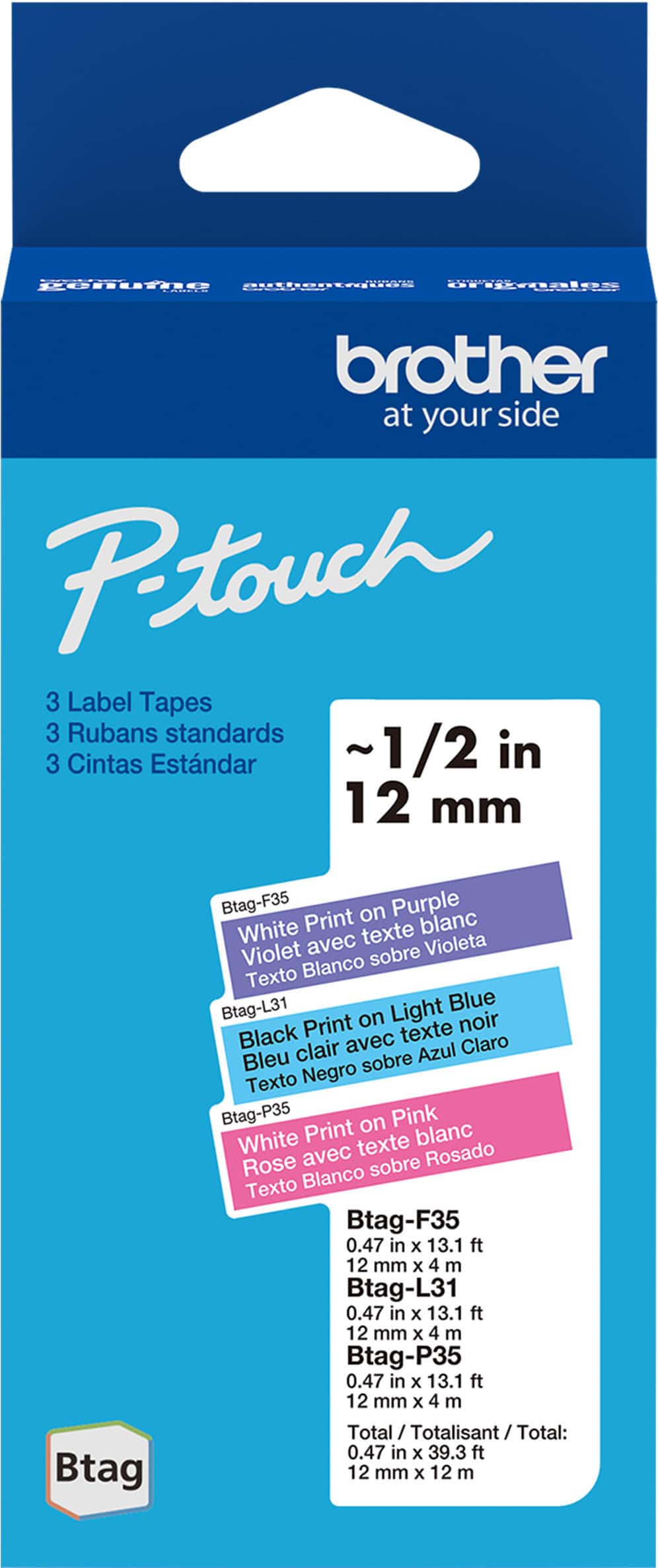 Brother - P-touch Btag 3-Pack Label Tape (BTAG-3M02), 1/2" x 13.1’ (12mm x 4m), White on Purple,Black on Light Blue,White on Pink