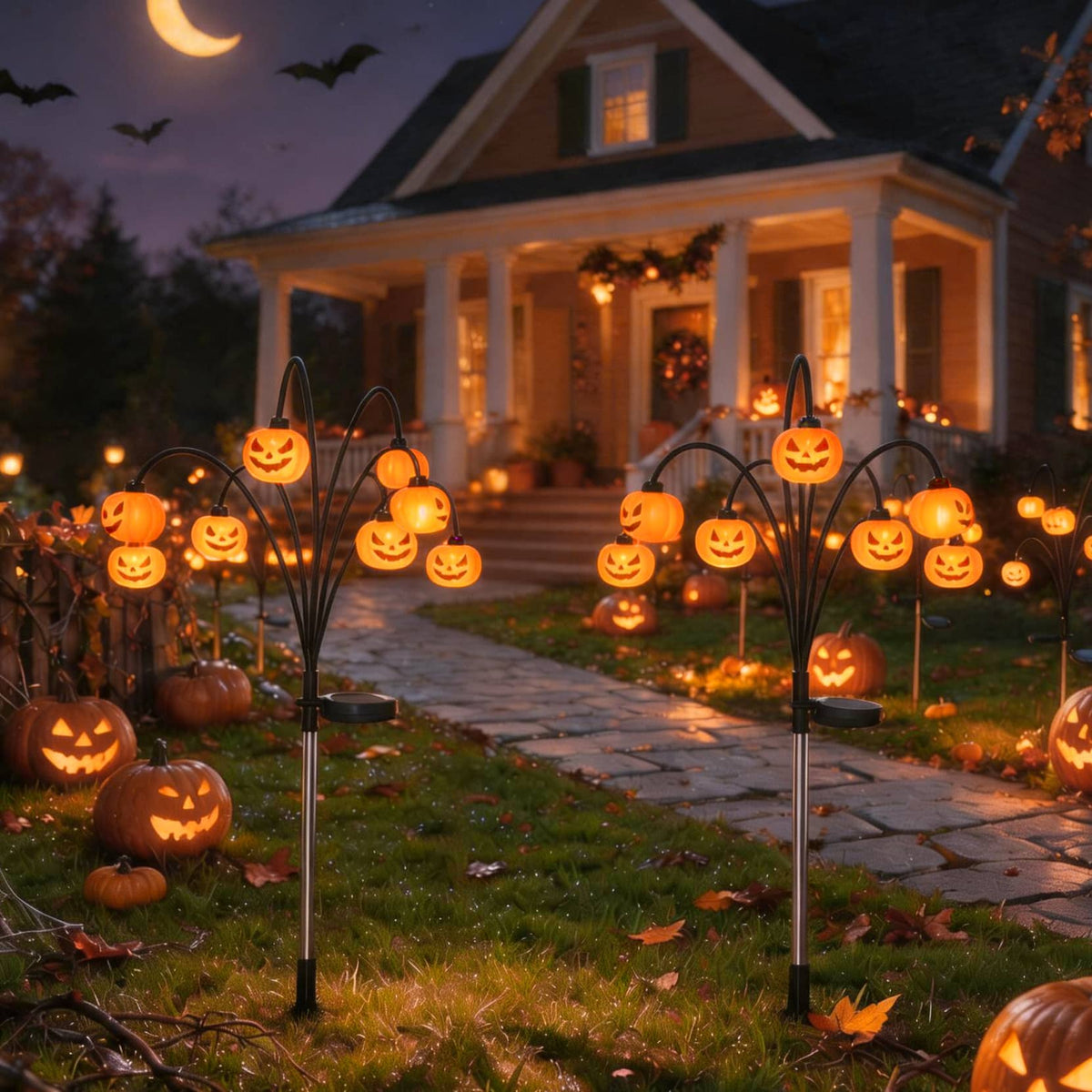 Arivea - 2 Pack Solar Halloween Pumpkin Lights, LED Outdoor Garden Stake Lights with Auto On/Off for Yard, Lawn and Porch - Orange