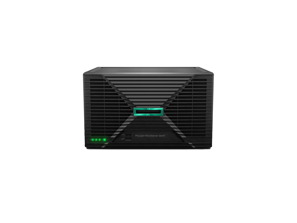 HPE Aruba - HPE ProLiant MicroSvr Gen11 6325P 3.5GHz 4-Core 1x32GB 4LFF-NHP iLO KIT 1GbE 1x4TB SATA HDD 1x180W PS Micro Server - Black