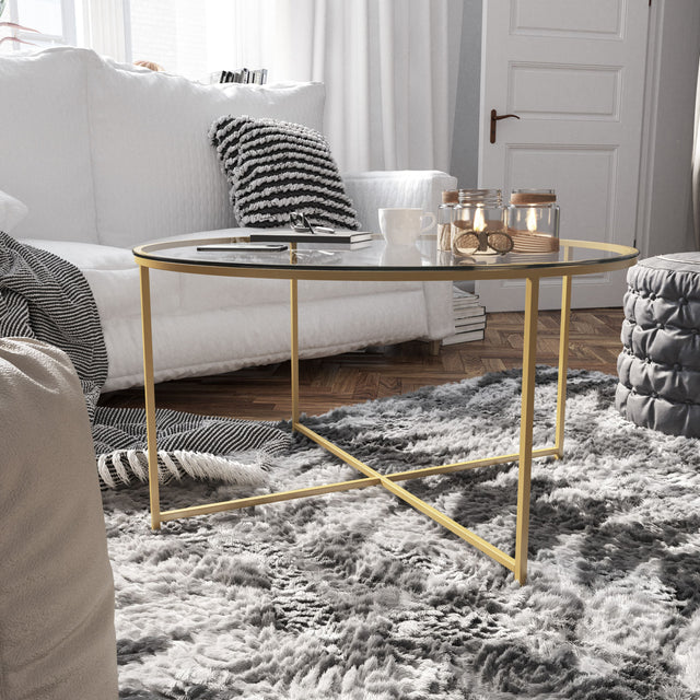 Front. Emma + Oliver - Glass Living Room Coffee Table with Crisscross Metal Frame - Clear Top/Brushed Gold Frame.