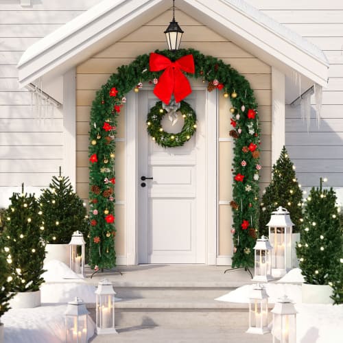 Front. Winado - 8.7FT Christmas PVC Arch Artificial with Bow, Pine Cones Ornaments for Outdoor Festival Wedding Party Holiday Decoration - Green.