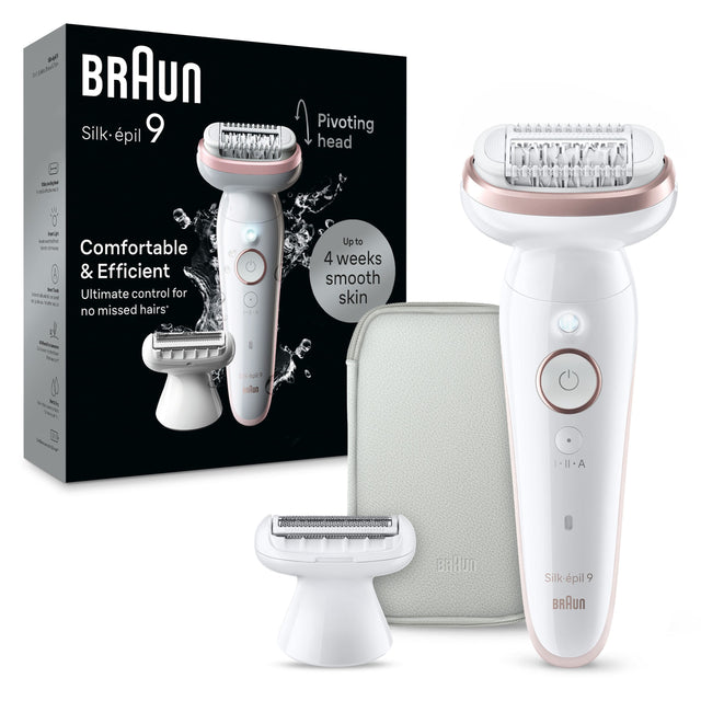 BRAUN Silk-épil 9  
Pivoting head  

Comfortable & Efficient  
Ultimate control for no missed hairs  

Up to 4 weeks smooth skin  

BRAUN Silk-épil 9