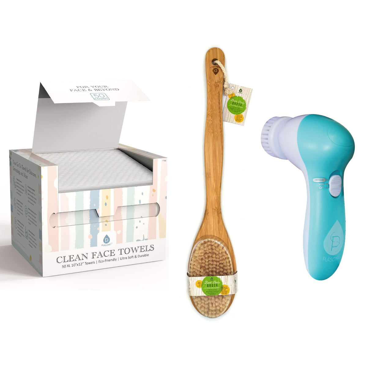 Pursonic - Complete Head-to-Toe Cleansing Set – Advanced Facial Brush + Biodegradable Clean Towels + Bamboo Body Brush