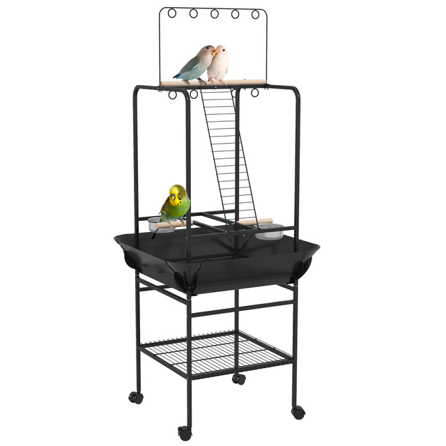 Front. Pawhut - Bird Stand with Wheels, Perches, Stainless Steel Feed Bowls, Pull-Out Tray, Toy Hanger, Indoor Outdoor Parrot - Gray.