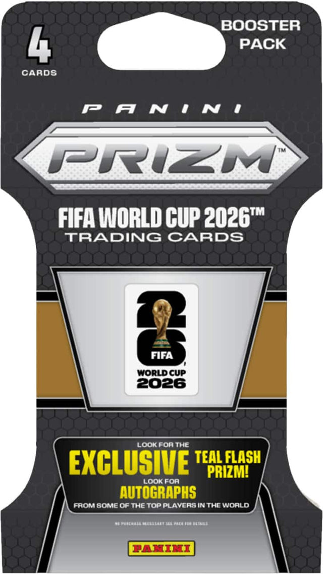 4 CARDS BOOSTER PACK PANINI TM PRIZM TM FIFA WORLD CUP 2026™ TRADING CARDS e FIFA WORLD CUP 2026 LOOK FOR THE EXCLUSIVE TEAL FLASH PRIZM! LOOK FOR AUTOGRAPHS FROM SOME OF THE TOP PLAYERS IN THE WORLD N PURCHASE NECESSARY SEE PACK FOR DETAILS PANINI