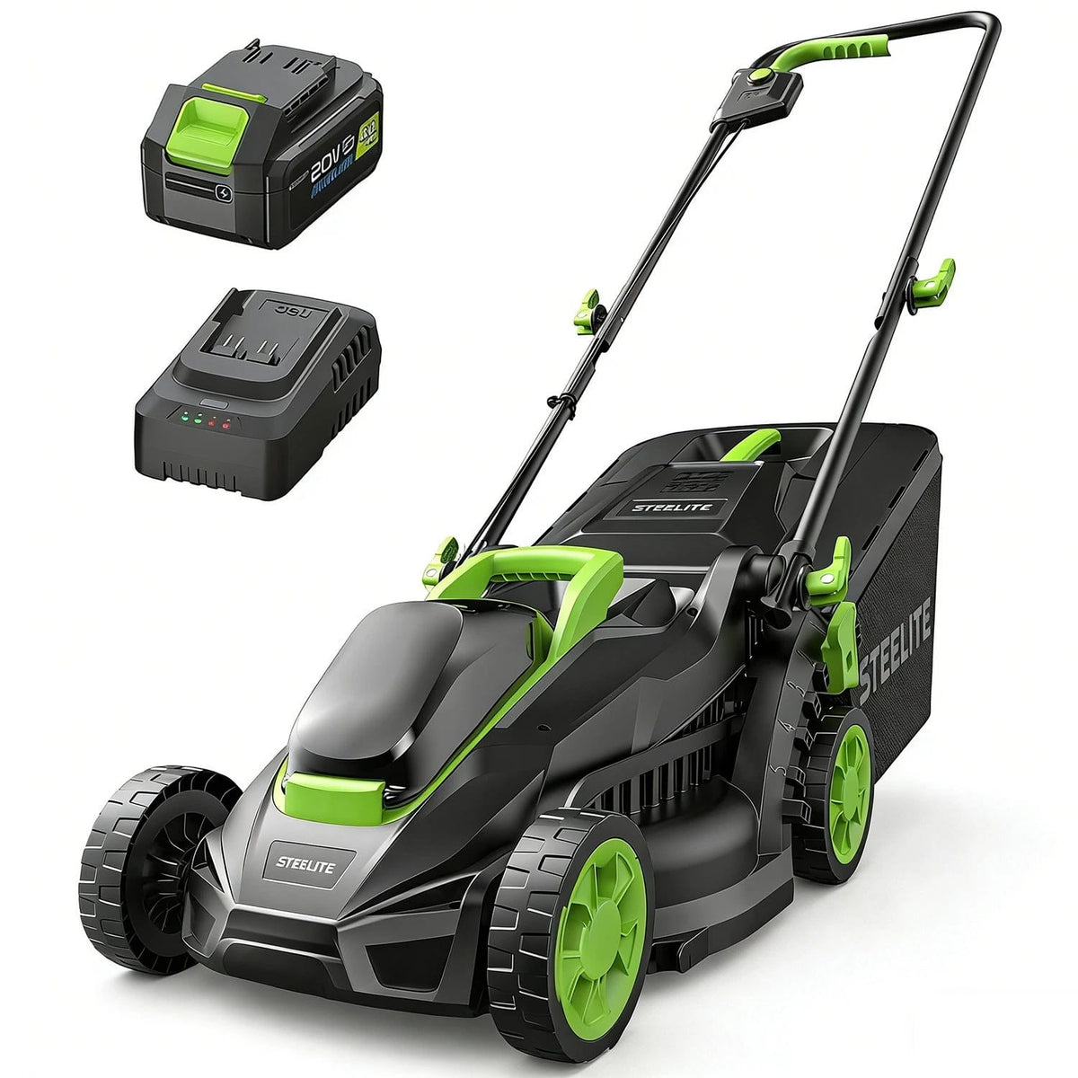Steelite - 13in Electric Cordless Lawn Mower with Brushless Motor & 4.0Ah 21V Battery & 8-Gallon Grass Bag - Green