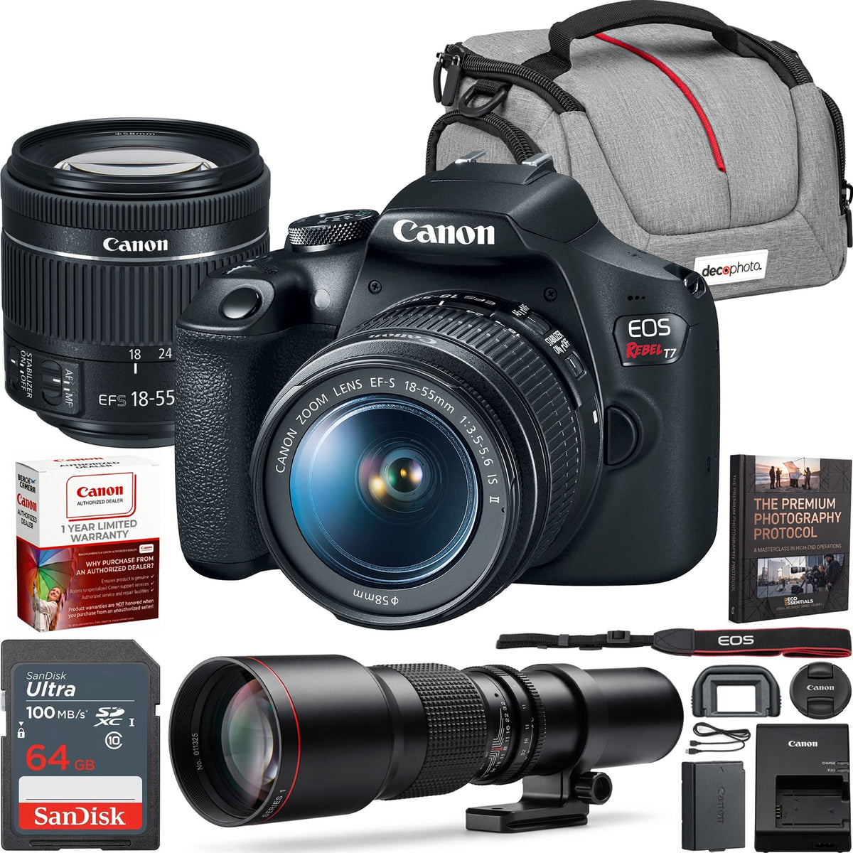 Bundle - Canon - T7 EOS Rebel DSLR Camera EF-S 18-55mm f/3.5-5.6 IS II + 500mm Telephoto Lens Kit