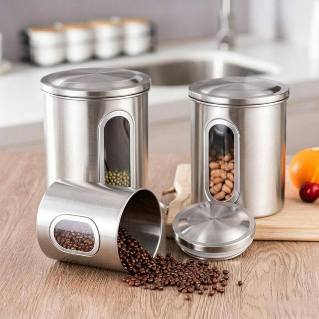 Front. Malletson - 3 Piece Stainless Steel Canister Set, Airtight Coffee Container Tea Organizer & Sugar Canister, Kitchen - Black.