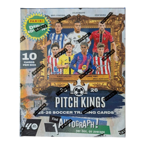 MIKEL OYARZABAL  
KYLIAN MBAPPE  
VEDAT MURİQİ  
PANINI DEBUT EDİ PA  
Dagboob Vancy Emp  
NINE FU 10 HANIN PA CARDS  
PER BOX  
Kutxabank PANINI  
MYALSENE PARINI  
ALBERTO MOLEIRO  
LAMINE YAMAL  
JULIAN ALVAREZ  
MIKEL JAUREGIZAR  
26 = PANIN  
PITCH KINGS  
25-26 SOCCER TRADING CARDS  
Find 1 AUTOGRAPH!  
per box, on average