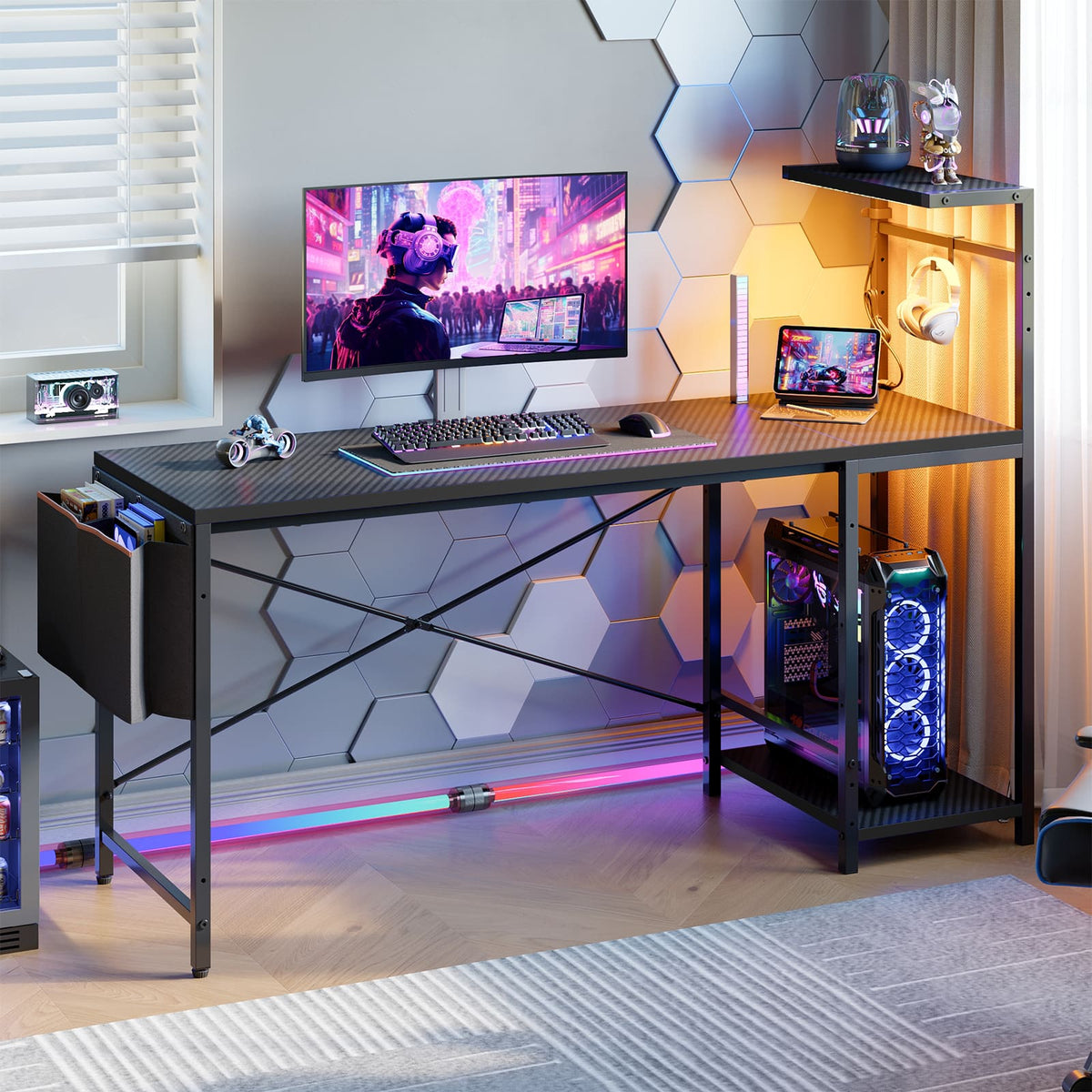RSPGAME - 60'' Gaming Desk with Monitor Shelf & Storage Drawer, Ergonomic LED Lights Computer Desk for Home Office - Black