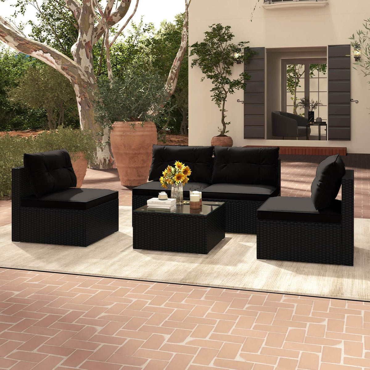 Costway - 5 Piece Outdoor Furniture Set with Seat & Back Cushions Tempered Glass Tabletop - Black