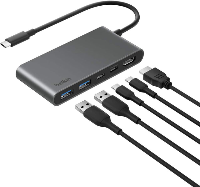 Front. Belkin - 5-Port Hub w/ 4K HDMI Display with 60Hz, 100W Power Delivery, Fast Data Transfer 5Gbps, USB-C Multiport Adapter - Space Gray.