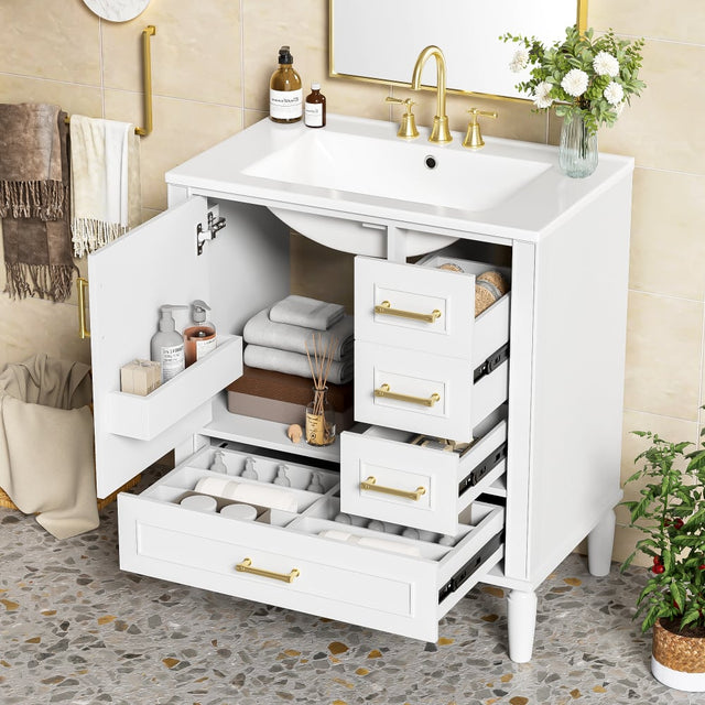 Front. JUJABU - White 30" Bathroom Vanity with Ceramic Sink, Soft-Close Door with Built-in Shelf for Bathroom - White.