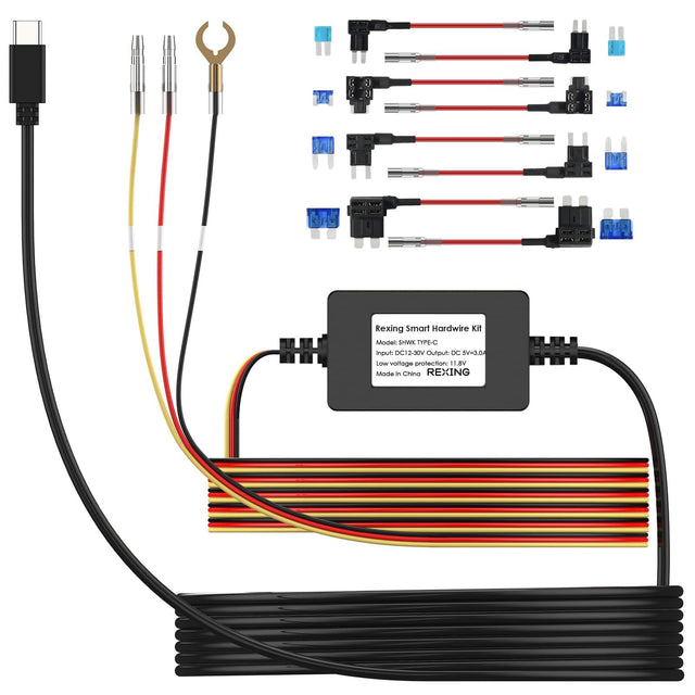 Rexing Smart Hardwire Kit  
Model: SHW TYPE-C  
Input: DC12-30V  
Output: DC 5V-3.0A  
Low voltage protection: 11.8V  
Made in China  
REXING