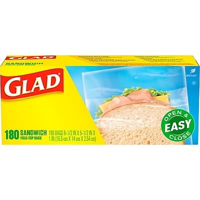 GLAD  
FOOD-GRAD SANDWICH BAGS  

180 BAGS 6-1/2" X 5-1/2" (16.5 cm X 14 cm X 2.54 cm)  
FOLD-TOP BAGS  

OPEN & EASY CLOSE