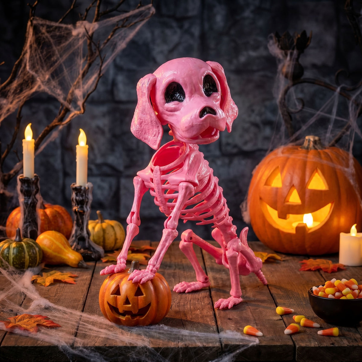 Joyfy - 12.6" Halloween Decorations Dog Puppy Skeleton Full Body Posable for Scene Decor Party Favor Haunted House Prop - Pink