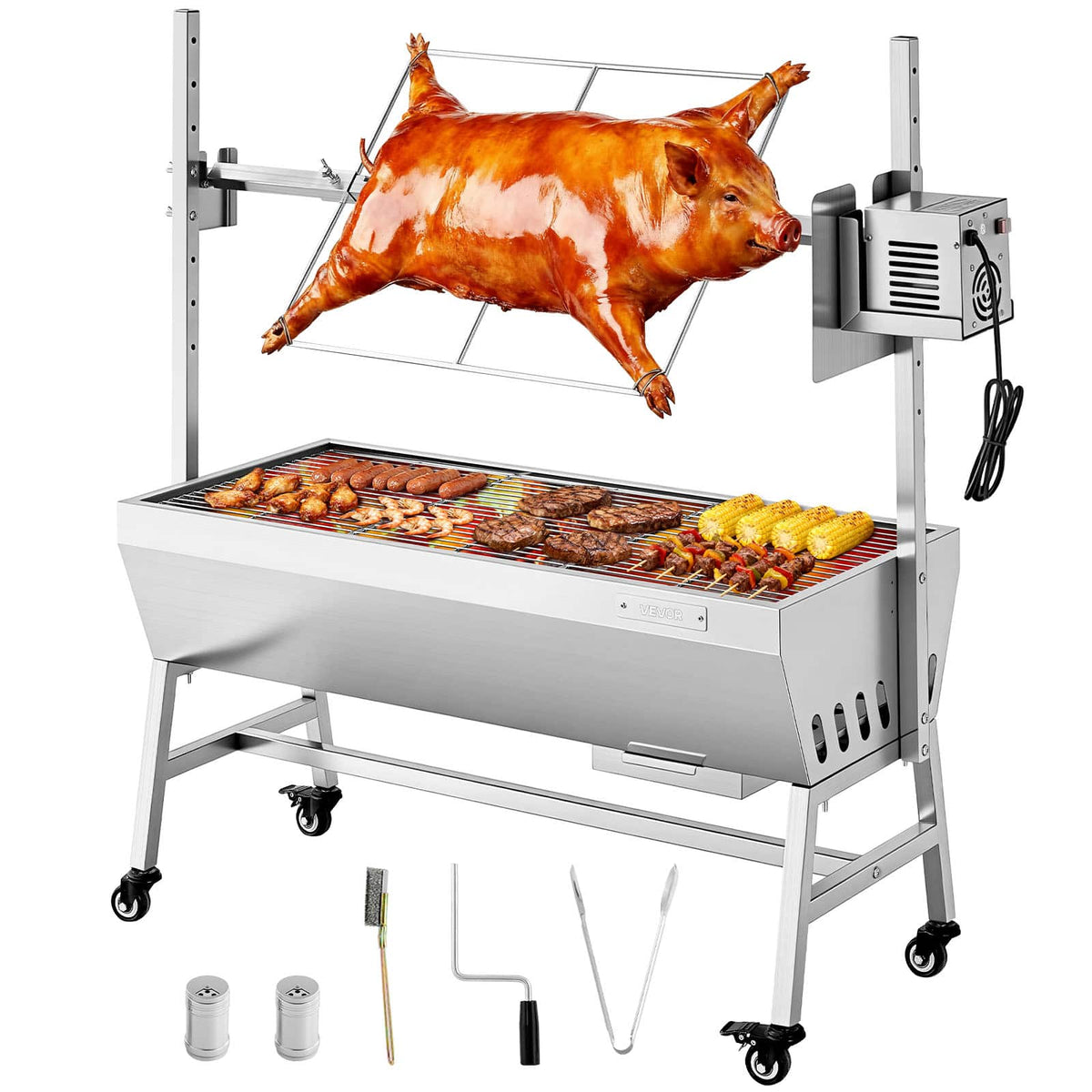 VEVOR - Rotisserie Grill, 38W BBQ Outdoor Pig & Lamb Spit Roaster, Charcoal Spit Roaster with 132 LBS Capacity - Stainless steel color