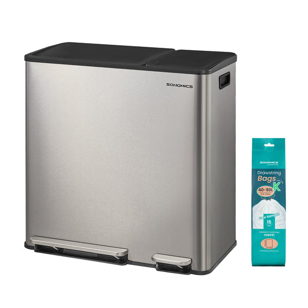Songmics Home - Kitchen Dual Trash Can, 13 + 5.3 Gallon (50 + 20 L) 2-Compartment Trash and Recycle Bin,Stainless Steel Garbage Can - Silver