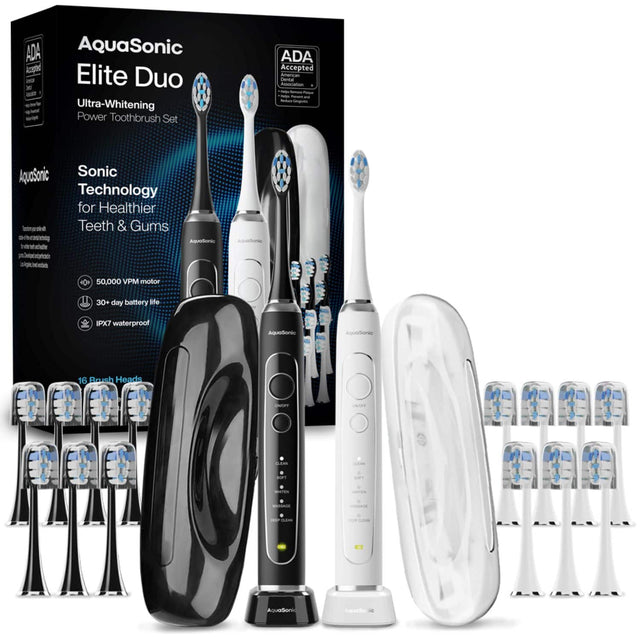 AquaSonic Elite Duo  
Ultra-Whitening Power Toothbrush Set  

ADA Accepted  

Sonic Technology for Healthier Teeth & Gums  

- 50,000 VPM motor  
- 30+ day battery life  
- IPX7 waterproof  

16 Brush Heads  

AquaSonic  
AquaSonic  
AquaSonic  
AquaSonic  

ADA Accepted  
American Dental Association  
Seal of Acceptance  
for Dental Care Products  

AquaSonic  
AquaSonic  
AquaSonic  
AquaSonic  

AquaSonic  
AquaSonic  
AquaSonic  
AquaSonic  

AquaSonic  
AquaSonic  
AquaSonic  
AquaSonic  

AquaSonic  
