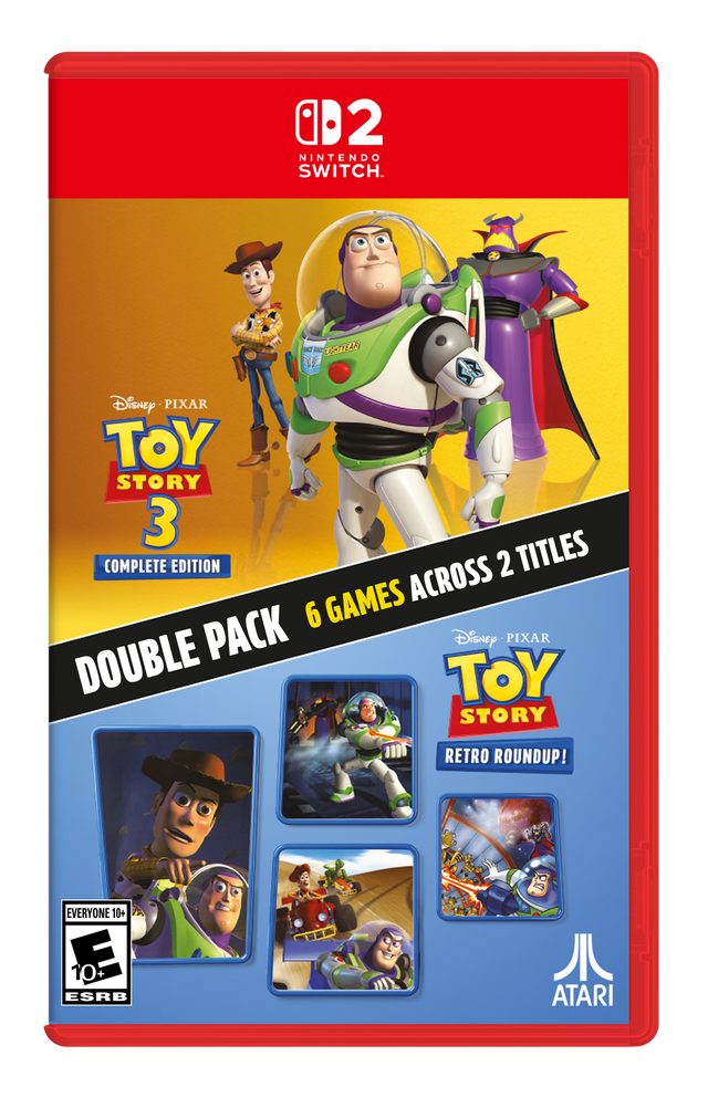 2 NINTENDO SWITCH. IN ICTTEAR Disney PIXAR TOY STORY 3 COMPLETE EDITION 2 TITLES GAMES ACROSS 6 DOUBLE PACK Disney PIXAR TOY STORY RETRO ROUNDUP! EVERYONE 10+ E 10+ ESRB ATARI