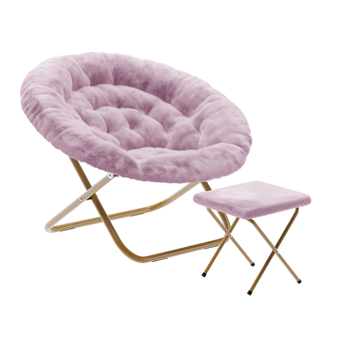 Emma + Oliver - Ersa Oversize Folding Saucer Moon Chair and Ottoman for Dorm and Bedroom with Steel Frames - Dusty Purple Fabric/Soft Gold Frame