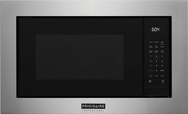 The text on the image reads: "6:04 POTATO POPCORN HU MELT SOFTEN AUTO COOK DEPROST SENSOR SENSOR COOK REHEAT POWER LEVEL 1 2 3 4 5 6 7 8 9 CANCEL - - OS 0 START 10S4C TIMER 30SEC FRIDIDAIRE PROFESSIONAL."