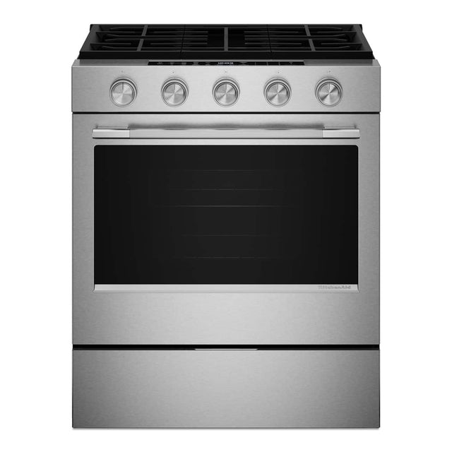 Front. KitchenAid - 30 in. Wide 5 burners 5.0 cu. ft. Slide-in Gas Range with Convection Cooking Modes - Fingerprint Resistant Stainless Steel.