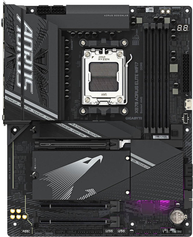 Aorus and AMD have teamed up to create a powerful gaming system. The Aorus RYZEN WIFI7 DDR5 ELITE motherboard is designed for the AMD AM5 socket and features a GIGABYTE EAM M.2 slot for additional storage. The motherboard also includes a thermal guard to keep the system cool during intense gaming sessions. Additionally, the motherboard has USB and SYS FAN headers for connecting fans to improve cooling. The Aorus team has worked closely with AMD to ensure that the system is optimized for performance and reli