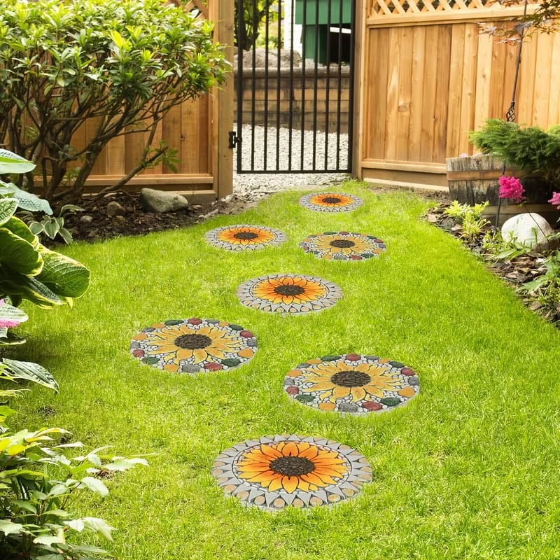 Oumilen - 3-Pack Sunflower Garden Stepping Stones, 10 Inch Round Decorative Resin Pathway Stepper Stones for Yard Lawn Patio