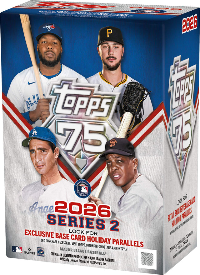 Topps 75

2026 SERIES 2

EXCLUSIVE BASE CARD HOLIDAY PARALLELS

(NO PURCHASE NECESSARY. VISIT TOPPS.COM/NPN FOR DETAILS AND ENTRY.)

MAJOR LEAGUE BASEBALL

OFFICIALLY LICENSED PRODUCT OF MLB PLAYERS, INC.

6 PACKS - 12 CARDS PER PACK

72 TOTAL CARDS

LOOK FOR RETAIL EXCLUSIVE BASE CARD HOLIDAY PARALLELS