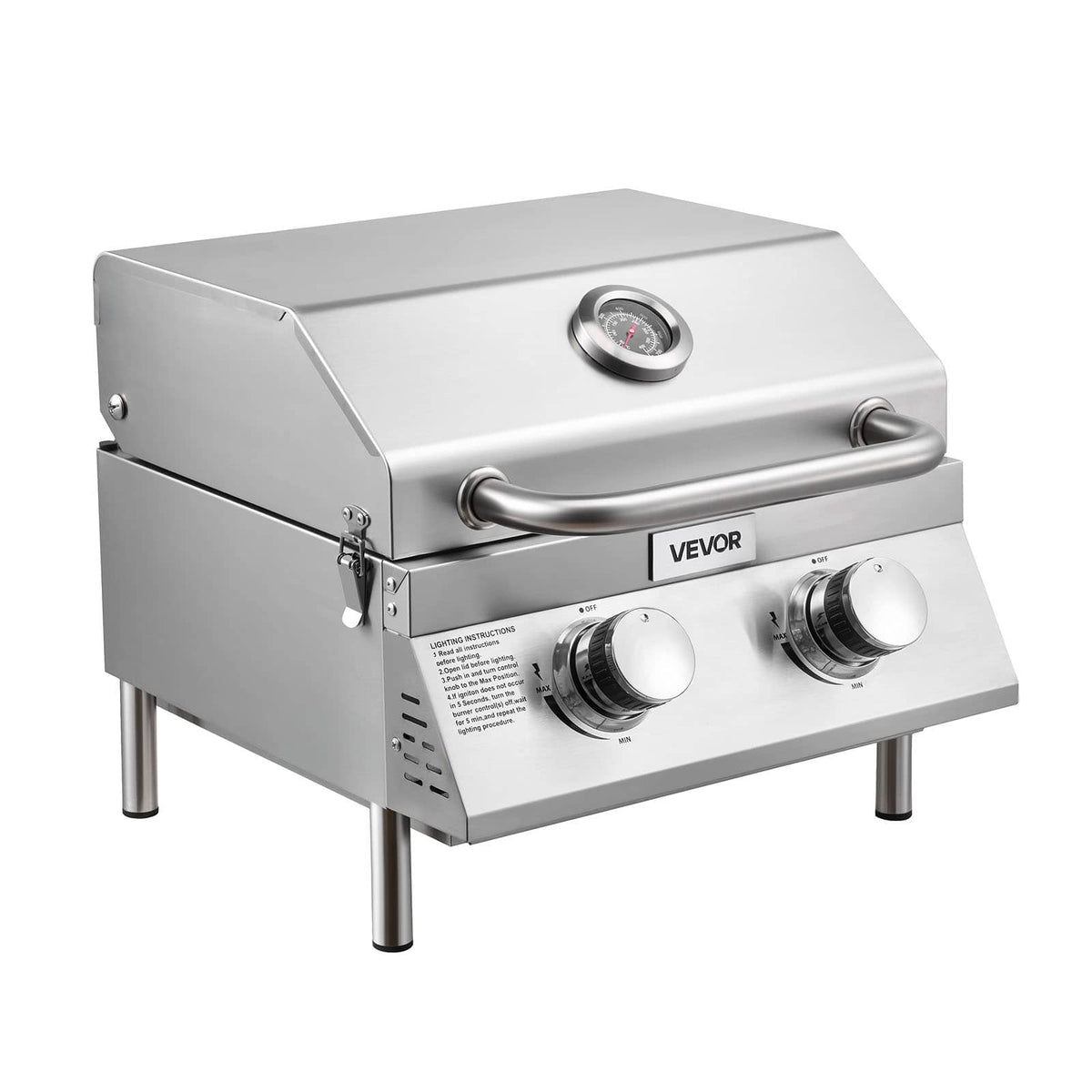 VEVOR - Tabletop Gas Grill, 2-Burner Stainless Steel Portable Propane Grill, with Built-in Thermometer, Travel Locks - Silver