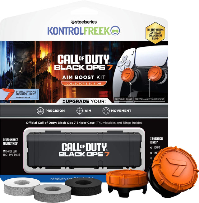 **SteelSeries KontrolFreaks**

**Call of Duty: Black Ops 7 Aim Boost Kit Collector's Edition**

- **Digital In-Game Item Included:**
  - Weapon Charm

- **Upgrade Your:**
  - Precision
  - Aim
  - Movement

- **Precision Rings**
  - 3 Precision Rings
    - 1 Soft
    - 1 Medium
    - 1 Hard

- **Performance Thumbsticks**
  - Mid-Rise Left
  - High-Rise Right

- **Official Call of Duty: Black Ops 7 Sniper Case (Thumbsticks and Rings inside)**

- **Best-Selling Controller Enhancement Brand**

- **Designed for